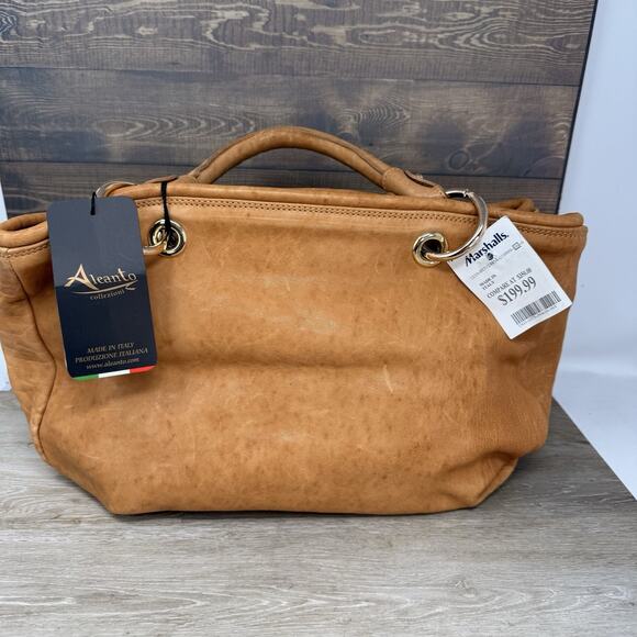 Aleanto Collezioni Italy Camel Leather Satchel Purse Handbag Studded Handle Read - Picture 3 of 15